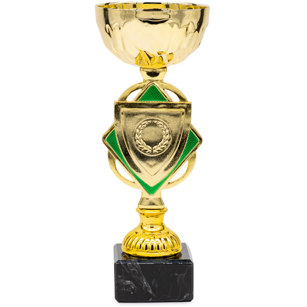 Copa dorada y verde con centro de rombo, 20,5 cm