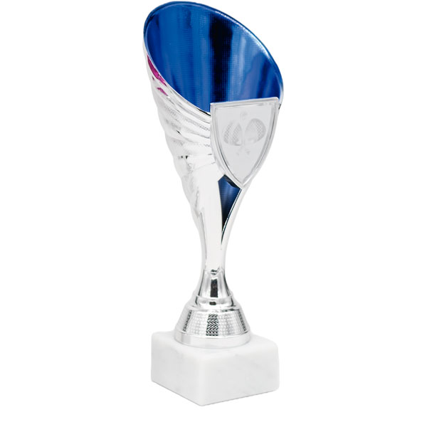 Trofeo portaescudo plata y azul, 21,5 cm