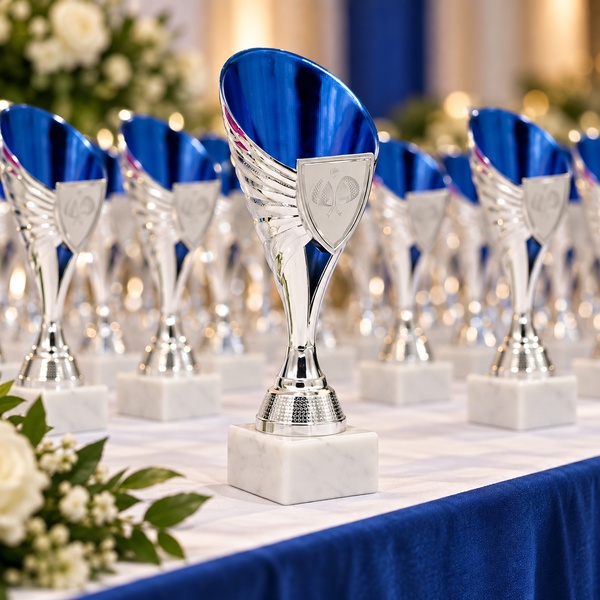 Trofeo portaescudo plata y azul, 21,5 cm